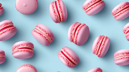 Obraz premium Seamless pattern of pink macarons on blue background