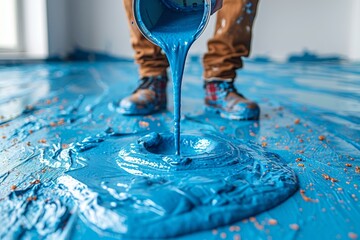 A person covered in splatters of blue paint stands over spilled paint, portraying a creative outpouring or artistic process