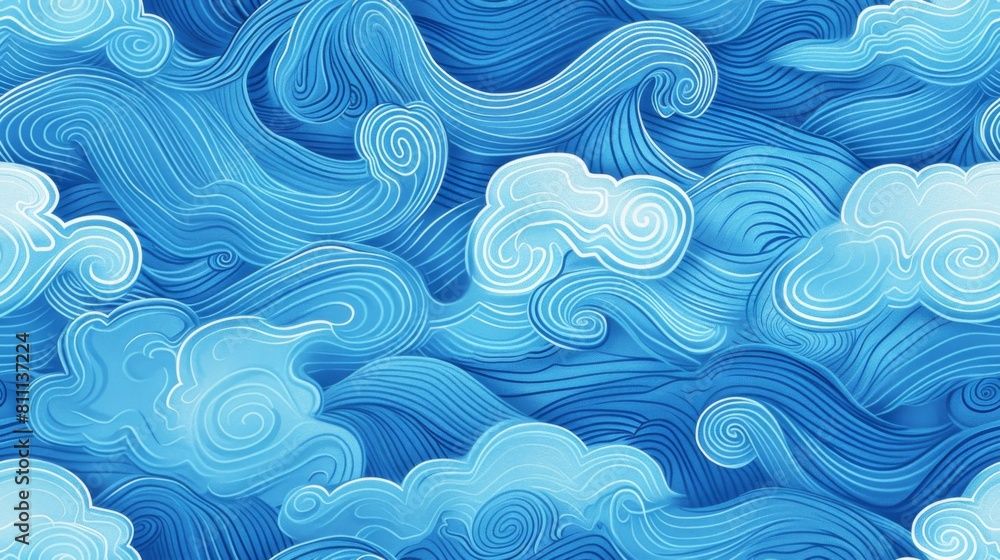 Wall mural blue line wave and clouds seamless texture background