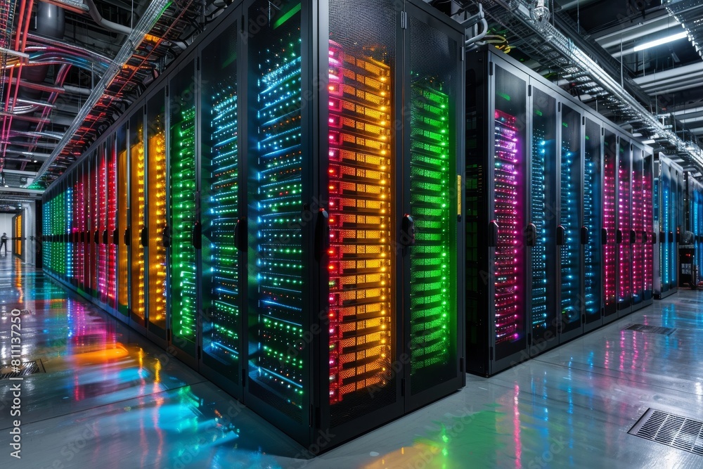 Poster a technologically advanced data center with bright, multicolored lights and rows of server racks