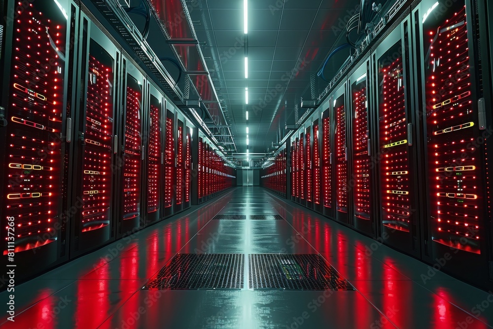 Poster an atmospheric server room with rows of server cabinets illuminated by red overhead lights creating 
