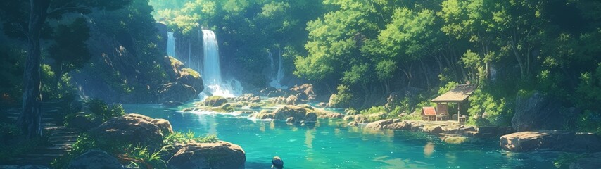 静かな滝が水晶のような清らかなプールに流れ落ち、豊かな緑に囲まれた水彩スタイルの背景。