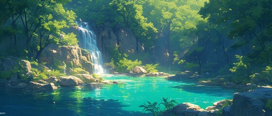静かな滝が水晶のような清らかなプールに流れ落ち、豊かな緑に囲まれた水彩スタイルの背景。