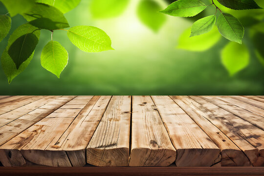Empty wooden table with leaves, blurred green background	