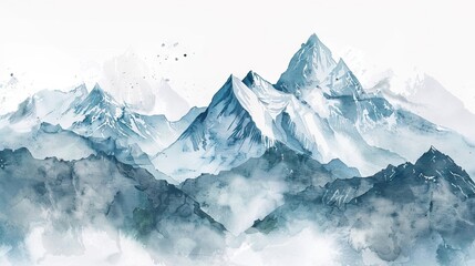 Landscape with mountains, birds and fog in monochrom painted in watercolor. AI generated illustration