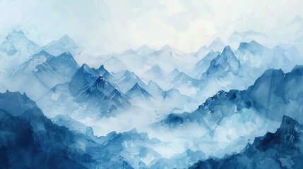 Landscape with mountains, birds and fog in monochrom painted in watercolor. AI generated illustration