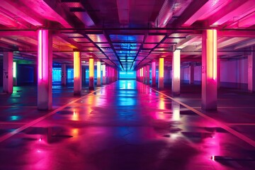 Spaceship Virtual Futuristic Sci Fi Neon Glowing Fluorescent Track Purple Blue Pink Corridor Path Gate Tunnel Gallery Light Lines Triangle Shaped Underground Grunge. AI generated illustration