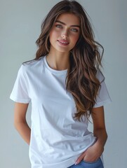 Obraz premium Woman wearing white tshirt mockup created with generative AI