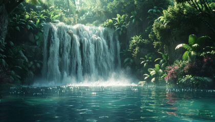 A beautiful waterfall is surrounded by lush green trees and a calm lake by AI generated image