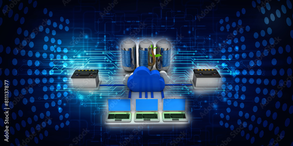 Poster 3d rendering technology computer network connected green energy battery with invertor battery storag