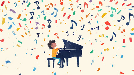 A white background with a cute cartoon character playing the piano in the center, surrounded by floating musical notes.
