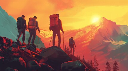 Obraz premium Three hikers standing on rock beautiful sunset mountains