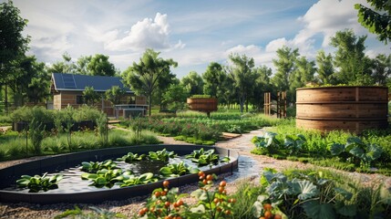 A garden with a pond and a small house in the background
