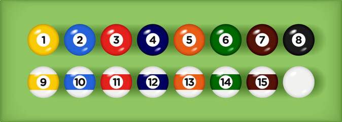 Billiard, pool balls with numbers collection. 3d objects Realistic glossy snooker ball. Green background. Vector illustration.