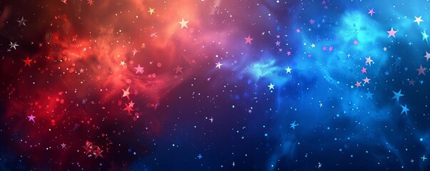 Fototapeta premium A vivid starry sky with red, white, and blue stars scattered across a mystical deep blue backdrop, symbolizing American patriotism.