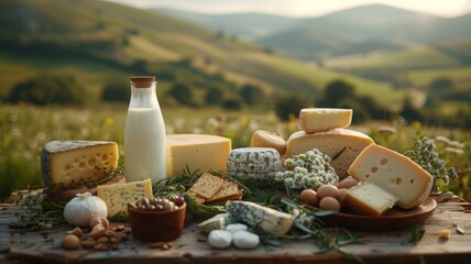 Fototapeta premium ToTable, a variety of cheeses and other dairy products are displayed on a wooden table. Behind the table is a lush green landscape with rolling hills and a blue sky.