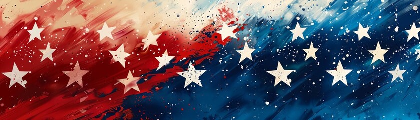 Obraz premium Abstract artistic rendering of the American flag in splashes of red, white, and blue, with stars creating a dynamic and vibrant visual.