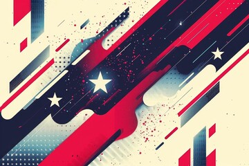 Obraz premium Artistic rendering of an abstract American flag with a dynamic backdrop of white fireworks, designed in red, white, and blue tones.