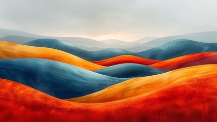 Undulating hills in shades of red, orange, yellow, green, blue, and purple.