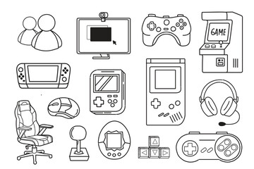 Set of video game doodle hand drawn. Vector illustrations