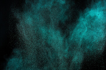 Grunge green texture. Aquamarine smoke cloud on black background. Light blue textured on dark sky. Space backdrop. Explosion pattern.	