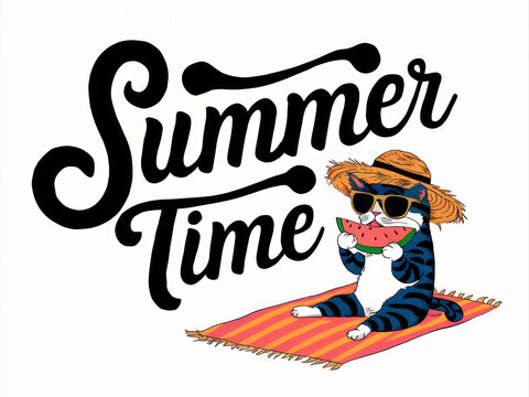 Summer Time Fun: Cartoon Tiger Eating Watermelon on Beach Towel Illustration