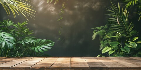 A serene tropical plants backdrop presenting a clear wooden table that could be used for product display or composition. copy space
