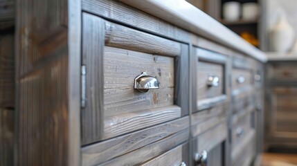 Intimate close-up of a gray light vintage kitchen cabinet door, highlighting stainless steel handles in a rustic wooden kitchen