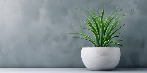 A green spider plant in a modern white pot perched on a shelf adds a vibrant touch to the minimalist gray background - Powered by Adobe