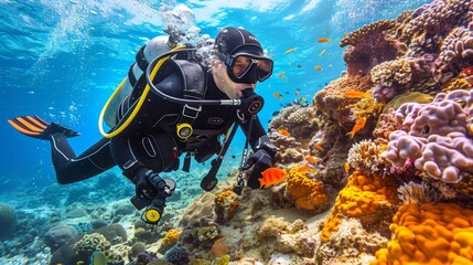 A male scuba diver is swimming underwater in the clear blue tropical sea, surrounded by a colorful coral reef, exotic fish, and the seabed.