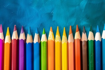 A vibrant and colorful array of sharpened pencils ordered in a row against a blue textured background showcasing a spectrum of colors and art supplies - Powered by Adobe