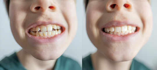 child 12 years old shows tooth sways and hurts, concept pediatric dentistry, dental treatment and...