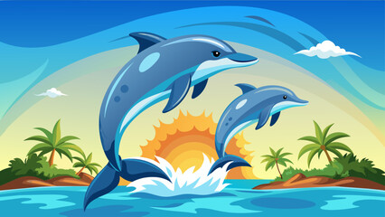 Two dolphins jumping out of the water in a tropical setting. Scene is joyful and playful
