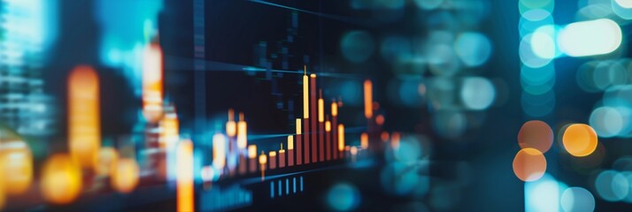 Close-up of financial or stock market data on screens with charts and graphs in blue tones