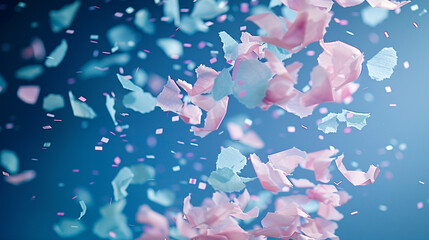 Aquamarine and blush pink confetti fluttering on an indigo backdrop, creating a serene and joyful atmosphere.