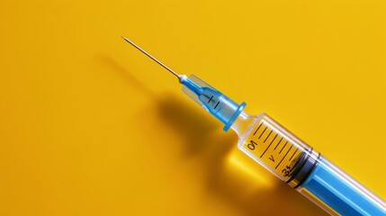 Focused close-up of a syringe with a blue needle, isolated and contrasting sharply against a bright yellow backdrop under studio lighting