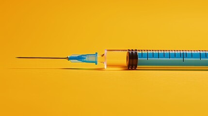 Focused close-up of a syringe with a blue needle, isolated and contrasting sharply against a bright yellow backdrop under studio lighting