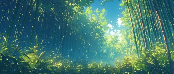 広大な竹林が密集した樹冠を通して、光のシャフトが差し込む中、ささやかれる秘密を水彩スタイルで描かれた背景。