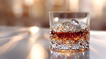 Wealthy Prosperity A JewelEncrusted Coin Partially Obscured by Aged Whiskey in a Glass on a White Background