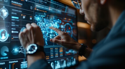A man enthusiastically pointing at a computer screen, showcasing innovative technology in a high-tech office setting