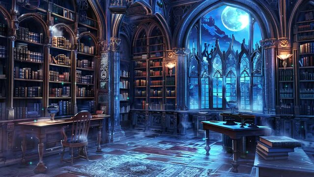 Magical Library. Fantasy Office. Fantasy and fairy tale setting video. Loop animation for relaxing music video