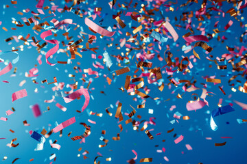 Bright confetti swirls against a royal blue background, resembling a lively celebration captured in high definition.