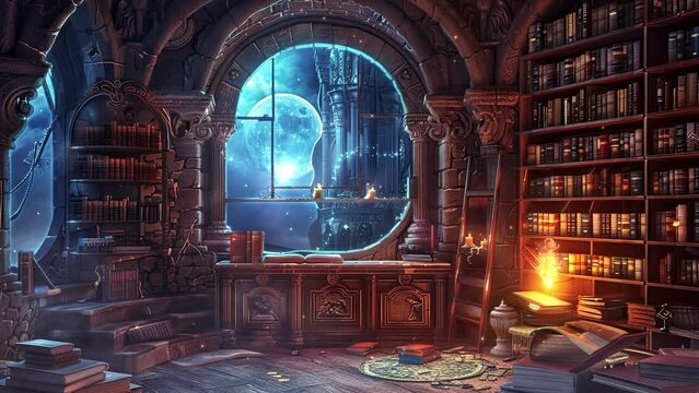 Magical Library. Fantasy Study. Fantasy and fairy tale setting video. Loop animation for relaxing music video