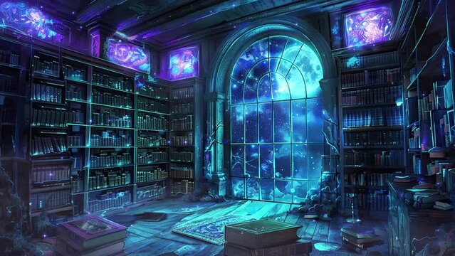 Magical Library. Fantasy Office. Fantasy and fairy tale setting video. Loop animation for relaxing music video