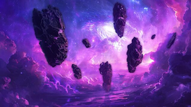 Fantasy shattered purple landscape with purple land, Digital art. Fantasy landscape, intense color. Fantasy landscape animation. Loop for epic music video.
