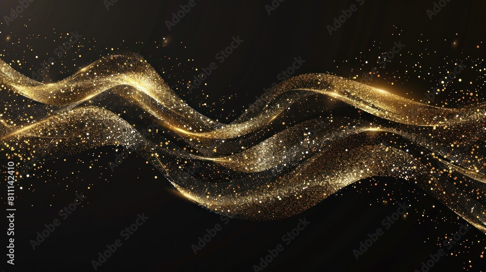 Poster abstract golden wave. shiny gold line design element with sparkling effect on dark background