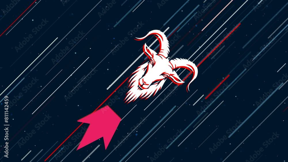Poster goat symbol flies through the universe on a jet propulsion. the symbol in the center is shaking due 