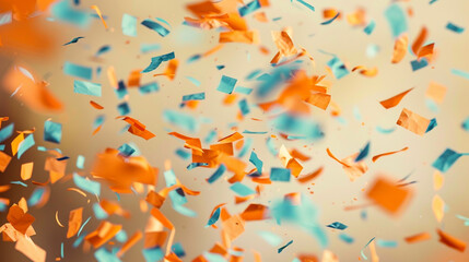 Bright orange and icy blue confetti raining down on a soft beige background, perfect for a lively celebration.