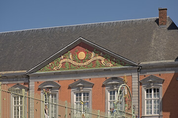 Neoclassical architecture detail of provincial palace of Saint-Hubert, Luxembourg, Belgium.
