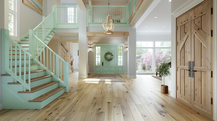 Charming entrance with a mint green staircase large wooden front door and wide light hardwood floors leading to a tall ceiling Fresh modern look